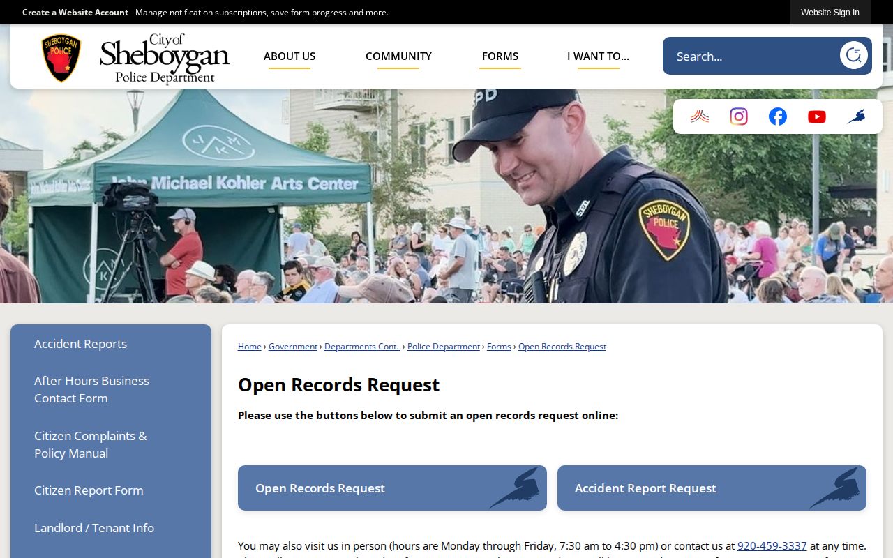 Sheboygan County City of Sheboygan police records-request interface for arrest records